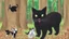 Placeholder: A black cat staring a white rabbit in the forest.