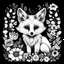Placeholder: colorless cute fox between seeds and big flowers black background .black and white colors. easy for coloring . with grayscale