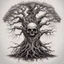 Placeholder: front view, skull,haunted Tree, long roots, tattoo design
