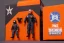 Placeholder: Mike pence G.i. joe toy doll space force uniform inside a blister package hanging on A rack in toystore, fluorescent orange, wide angle shot whole body, black moonboots, pricetag, whole body