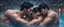 Placeholder: hyper realistic 2 shirtless muscular handsome short black hair men hugging in a swimming pool at snowfall night