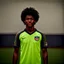 Placeholder: 85mm DSLR color photography of a very detailed headshot fitting all of head and hair in frame. 20-year-old USA soccer player, with black hair color and with small facial hair and has a brown skin tone and has a small afro with a small smile, grey background