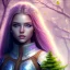 Placeholder: A Halfling woman adventurer with green eyes, sitting, silver bark tree, pink and purple leaves, Model, glitter, fog