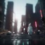 Placeholder: A wide-angle shot of a young, white-haired attractive woman standing on a sidewalk in a cyberpunk city, looking at the camera. High-resolution