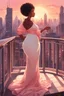 Placeholder: The scene opens onto a serene balcony overlooking a bustling city skyline. The sky above is painted in soft hues of orange and pink as the sun begins its descent, casting a warm glow over everything it touches. In the foreground stands a captivating figure, a chibi cartoon curvy black woman exuding confidence and elegance. She is adorned in a flowing white knit maxi dress that hugs her curves in all the right places, accentuating her silhouette. Her choice of footwear is equally stunning –