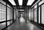 Placeholder: Circulation wide corridor with one side wood partition without touching ceiling and one side glass facade, Japanese style, black and white