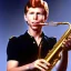 Placeholder: REd-haired ron howard as richie from happy days playing the saxophone, his eyes are closed, rock band, saxophone lips