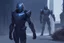 Placeholder: concept character art, Jon is a cyborg warrior wearing a dark blue battle suit, full length body view, Jon is facing the camera, Jon is facing away from the camera --ar 3:2