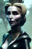 Placeholder: Constance Langdon as evil queen in black leather, leather, busty, cleavage, angry, stern look. character design by cory loftis, fenghua zhong, ryohei hase, ismail inceoglu and ruan jia. unreal engine 5, artistic lighting, highly detailed, photorealistic, fantasy