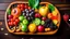 Placeholder: Set of summer fruits and berries in wooden serving.