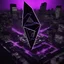 Placeholder: a large dark black ominous rhombus shaped structure with a neon purple outline floating high above a dystopian monochrome city