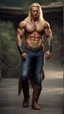 Placeholder: handsome warrior king, muscular, long blonde hair, male age 30, wearing jeans and shirt, tan skin, tattoos,photorealistic 4k modern fantasy