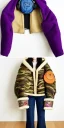 Placeholder: Brunette she. average body type. big head. Mantle is sewed of upcycled Denim and sewed together of camouflage pieces. Pieces' color are orange, cream and purple. It is with big bright purple felt tippet and cream-colored-hood. mantle is merged with satchel. . Big AKG-style headphones (gold rings!) is merged with small felt cap with small visor. Style: Haute Couture in 1910's, Paris fashion in 1998, inspired by street art. Cream latex gaiter. Her head and rest body!