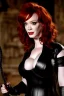 Placeholder: Christina Hendricks dressed in black leather gown, with a whip in her hand, inside a dungeon, busty, cleavage, angry, stern look, volumetric lighting, particales,highly detailed,cinematic, deep colours,8