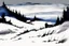 Placeholder: snowy land with a lone pale weather-beaten cottage, (heavy snowing:2), acrylic paint, minimal art, low colors of steel gray, snow white and black, sparse pale cobalt tint leak, wild brush strokes, hard winter, storm dynamics, great wind diagonals, gloomy mountain skyline