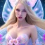 Placeholder: beautiful, soft, big smile face, whole head, long straight blonde hair blues eyes, crown on the head, clothing in transparent bluish and pink veil,fairy wings on the back, background brillante bluish and pink, hight definition, 8K