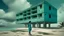 Placeholder: Modern concrete building with random holes in front of a pier, in a tropical setting., Tintype, Teal color, Partly cloudy, A woman stands at the base of the building.