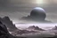 Placeholder: Alien landscape with grey exoplanet in the sky, over the valley. Pond, cinematic, movie poster