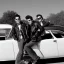 Placeholder: a 50s Greaser ROCK BAND standing in front of a hot rod