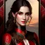 Placeholder: A headshot of a (((young woman with waist-length brown hair and pale skin))), featuring a (((fantasy setting))) with a dark color palette, including ((black)) and (((red))), with details like intricate patterns and ornate designs. She's dressed in sleek, (((leather))) garb, with (((red eyes))), a (((smirk))) that exudes both confidence and arrogance, evil, powerful