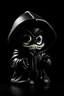 Placeholder: 1950s goofy vinyl toy of skull face character wearing a black hooded cloak, drawn in a early animation rubber hose animation style, inside a diamond shape on a black background, monochromatic