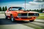 Placeholder: a bright orange 1971 plymouth 426 hemi cuda coming straight at you as it jumps over the starting line with its front tires leaving the ground and smoke pouring off its rear tires. You can see the driver in a red race helmet smile in ecstasy through the windshield.