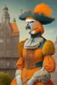 Placeholder: Female Half parrot half human in a 1700s Orange Dutch uniform next to a Dutch city