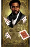 Placeholder: Dashing black man in a suit, holding a deck of cards. There's a young fey dragon with him.