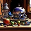 Placeholder: Apples. Pears. Grapes. Dishes. Oranges. Wood table. Coffee pot. Castle. Medevil. Machines.