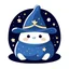 Placeholder: drawing of cute small mochi character with whitch hat in dark blue colour with small gold stars on it on, on white background