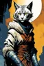 Placeholder: create an ethereal, otherworldly anthropomorphic Khajiit Lynx woman , in the comic book art style of Mike Mignola, Bill Sienkiewicz, and Jean Giraud Moebius, with highly detailed fur and feminine facial features , finely inked , dramatic natural lighting