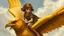 Placeholder: Fantasy-style painting featuring a young girl with fair skin and short, wavy brown hair, riding a large, golden bird.