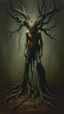 Placeholder: Bosch painting style nightmare, a man with legs looks like tree roots , dramatic sad scene, fantasy,