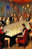 Placeholder: A clique of alien beings celebrate the end of the year eating at a table in James Ensor style