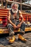 Placeholder: photography of An iranian offshore worker, shirtless, wearing bulging heavy-duty work pants and sturdy boots, sitting under the scorching sun on a merchant ship, man 66 years old, manly chest, muscular chubby , tattoo, curly beard, dirty, serious, long hair, ugly, big thighs, bullneck, big shoulders, photo realistic, photographic, super detailed, hyper realistic, UHD, frontal view , ambient occlusion