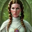 Placeholder: round framed complete and ultra realistic detailed head to waist portrait of young carrie fisher as Princess Leia with realistic hairstyle by Mandy Jurgens and mucha and Richard Schmid and chuck close and chie yoshii, extraordinary and detailed ceremony dress of star wars,brown eyes