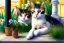 Placeholder: Zwei Katzen auf der Terrasse. Auguste Renoir, paws, Perfect eyes, perfect iris, playing music, realistic, extremely accurate, delicate, extremely detailed, Graphic novel style, wide-angle, open aperture, superfine pencil