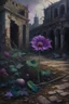 Placeholder: Oil painting of a purple flower amid withered and dead flowers in an abandoned garden in an abandoned palace in the ancient era