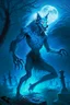 Placeholder: a lean glowing blue ethereal two legged wolf man with claws and long limbs and red eyes in a graveyard at night during a thunderstorm. It has a long bushy tail and appears friendly.