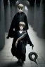 Placeholder: 7 year old boy, necromancer, friendly, looks dead,with a long lamprey emerging from his belly , wearing black robes, in the style of H.R. Giger