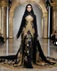 Placeholder: Full body Photography art fashion show event,islamic fashion show cat walk gorgeous super model Beautiful woman iranian hijab ,dressing luxury black and golden color design wedding gown made of flowers ,full of various kinds of flowers,soft colors