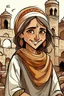 Placeholder: Creat a picture of a cartoon resemble my lovely lady called Ahlam which leave in Sanaa Yemen, she has a lovely smile and wear a traditional Yemeni clothes the back ground is old Sanaa Yemen