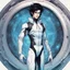 Placeholder: An handsome alien with messy black hair and blue eyes stepping out of a portal wearing futuristic clothes, colored manga style, intricately detailed