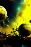 Placeholder: A3 format spray paint three planets with nebula in the background all in yellow tint, add some spaceships and ruins..