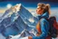 Placeholder: A perfect woman having a beautiful dream standing on the top of Mount Everest painted by Julie Bell. concept art, mid shot, intricately detailed, color depth, dramatic, 2/3 face angle, side light, colorful background