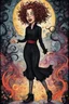 Placeholder: a cartoon illustration of a schizophrenic curly, short haired vampire girl in a black jumpsuit, in the cartoon style of Lynda Barry , Ernie Pook's Comeek, vibrant natural colors, , museum quality masterpiece