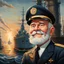 Placeholder: Standing proudly on the shore, the mascot Captain Birdseye of the brand Iglo savors a delicious fish stick, while in the background, World War 2 battleships engage in a fierce conflict. This stunning image, perhaps a vibrant painting, captures Captain Birdseye's unwavering confidence, exemplified by his strong stance and the proud expression on his face. Every detail is meticulously portrayed, from the intricate texture of his iconic white beard to the unmistakable branding of Iglo on his unifor