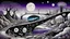 Placeholder: whimsical weird vehicle, and bizarre shapes in weird whimsical landscape between two long thin bridges, surreal vibe with abstractions, around surreal cracked painted weird land with rocks, trees, two moon, deep dark purple, gray, black, white, brown pale blue colors. style of Chagall , of Minjae Lee and Tim Burton, absurd beauty picture. weird bizarre absurd, nightmare, big neuron network clouds background and thin bridges, too big, too elongated shapes, psychedelic dreams