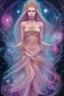 Placeholder: Create an image of a full body cosmic Goddess. The goddess should be depicted as a beautiful and powerful figure, surrounded by cosmic stars. Her hair should be long, blond and flowing, and she should be dressed in a flowing gown blue celestial robe. In the background, include imagery of pink flowers, blue sky,trees. The image should evoke a sense of joy, celebration, and spiritual connection to nature.