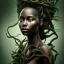 Placeholder: Paper. Pencil sketch art .the face of A young black woman. A wood nymph emerging from the forest. Her hair looks like vines. Dreadlocs. Her skin is the colour of dark soil. Her skin looks like tree bark. Her clothing is made of vines, grass and leaves.